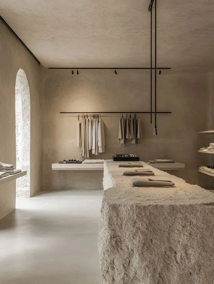 Mobilier design en pierre et bois dans des intérieurs épurés