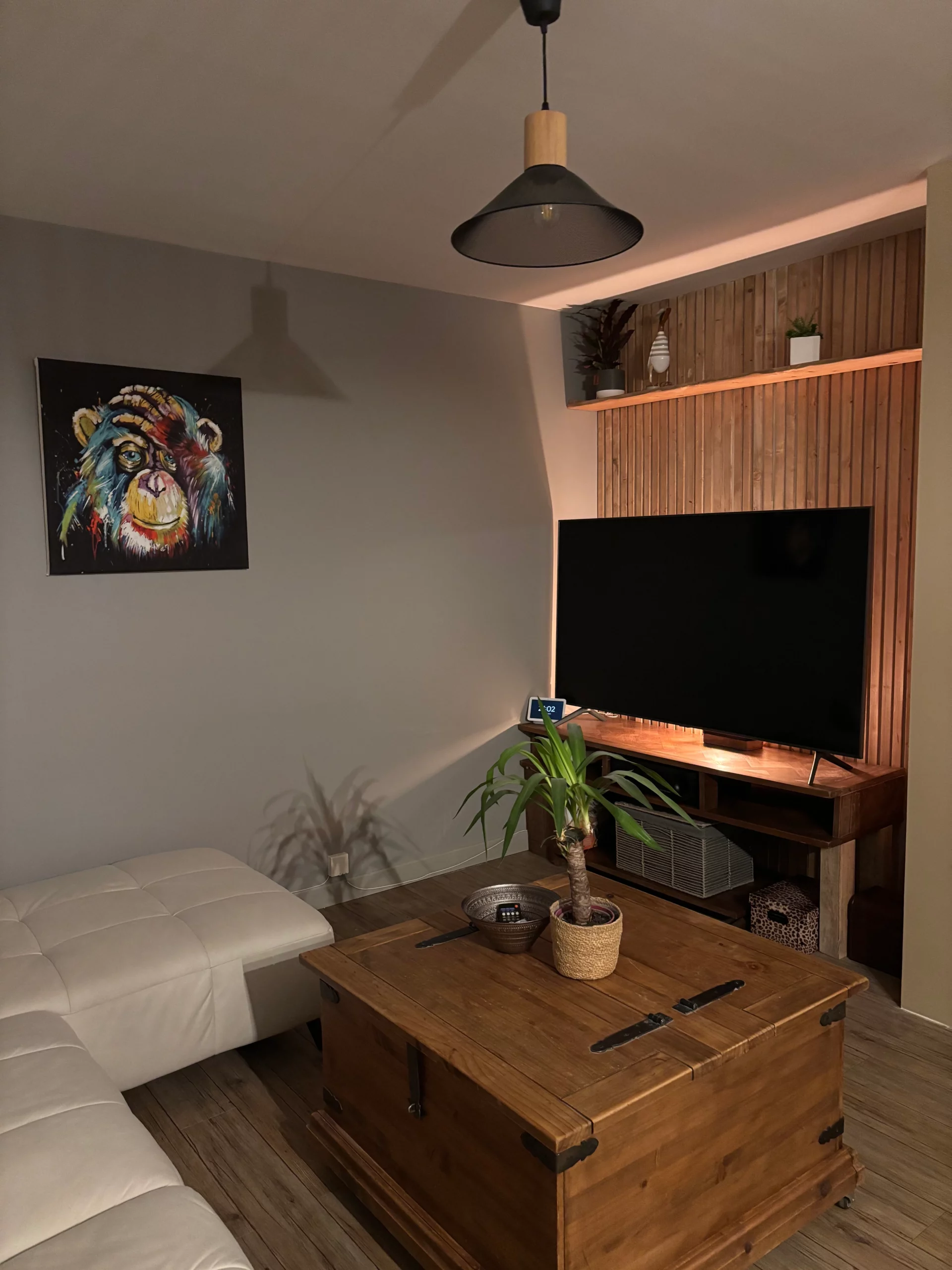 Ce travail de matière structure la pièce tout en conservant une atmosphère chaleureuse et naturelle.